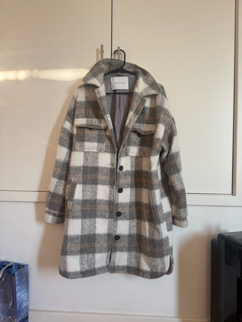 LOAVIES Women's Gray & White Plaid Trench Coat